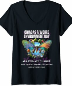 Cicadas on the impact of AI on Climate-DARK V-Neck T-Shirt